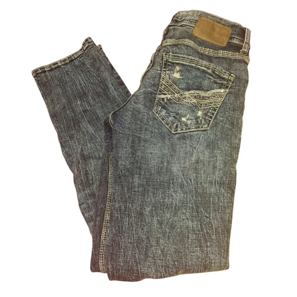BKE Buckle Men's  Jeans Jake‎ Straight Whiskered Distressed Dark Wash Size 30x32